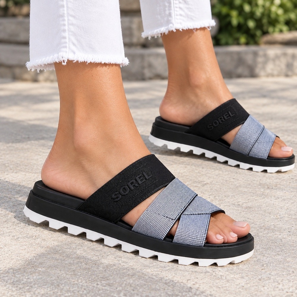 Sorel Kinetic Impact Slide Black White Grey Platform Sporty Sandals Womens 8